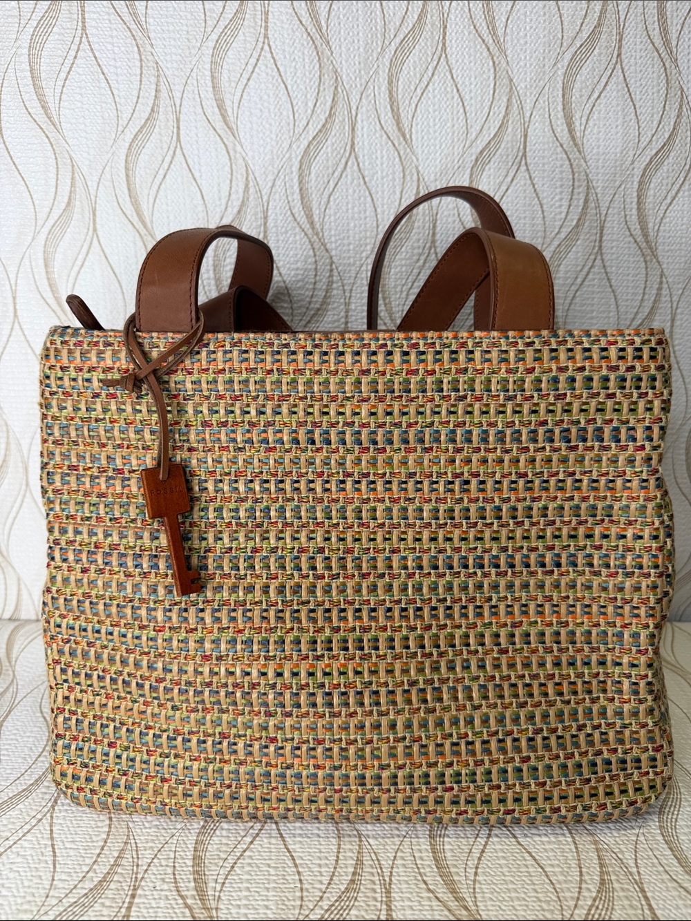 Fossil Multicolor Woven Tote with Brown Leather Handles
